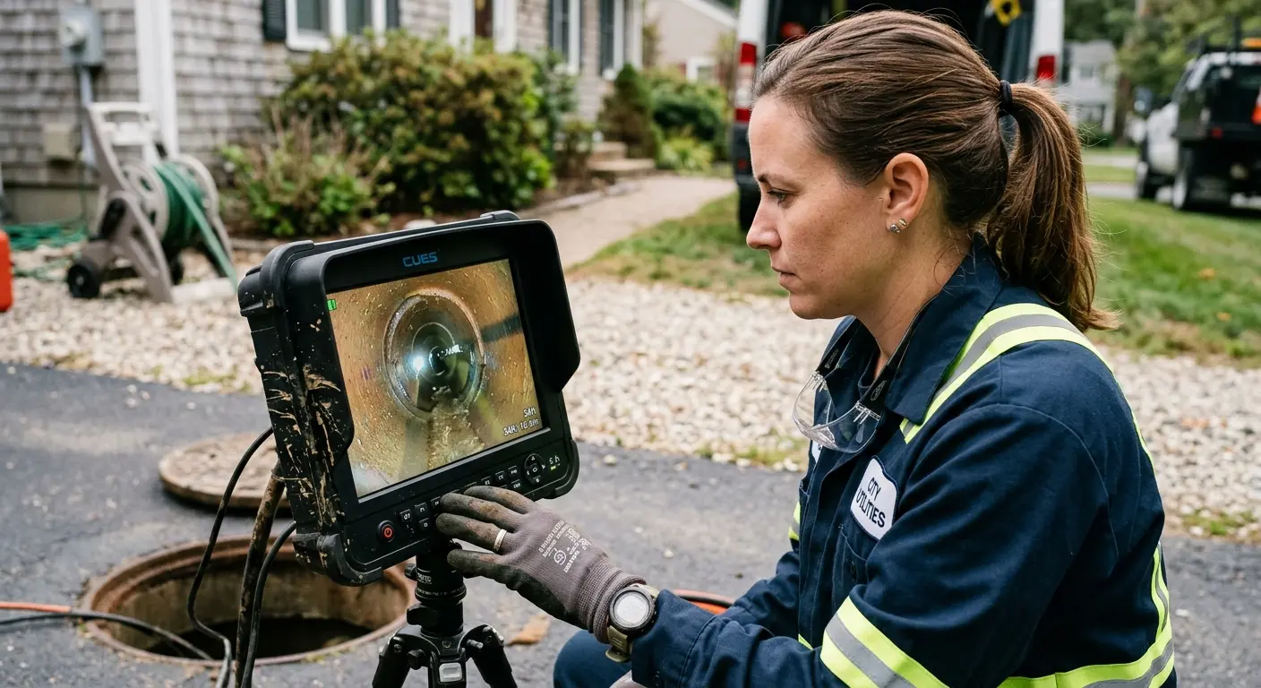 Technician reviewing sewer camera inspection footage in Mount Vernon