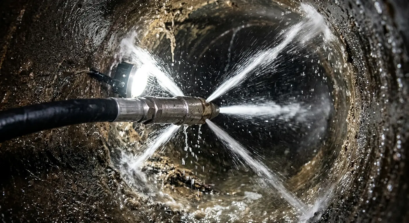 High-pressure hydro jetting nozzle cleaning sewer pipe for Emergency Drain Service in Mount Vernon