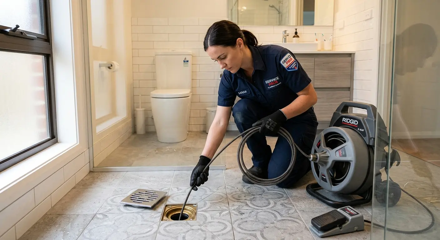 Technician clearing a bathroom floor drain for Sewer Line Replacement in Mount Vernon